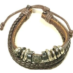 Women’s Braided Leather Bracelet Adjustable Wristband Metal Beads Fashion Jewelr